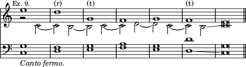 { << \new Staff << \override Score.TimeSignature #'stencil = ##f \mark \markup \small "Ex. 9."
\new Voice \relative e'' { \stemUp
e1 d^"(r)" g,^"(t)" f g f^"(t)" e\breve*1/2 }
\new Voice \relative c' { \stemDown
r2 c _~ c b _~ | b c _~ | c d _~ | d c _~ | c b\glissando
c\breve*1/2 } >>
\new Staff << \clef bass
\new Voice { \stemUp g1 f g a g d' g\breve*1/2 \bar "||" }
\new Voice { \stemDown c1_\markup \italic "Canto fermo." d e f e
d\glissando c\breve*1/2 } >> >> }