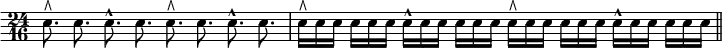 { \time 24/16 \override Score.Clef #'stencil = ##f \clef bass
\autoBeamOff
 e8.^\rtoe e e^^ e e^\rtoe e e^^ e |
 e16[^\rtoe e e] e[ e e] e[^^ e e] e[ e e]
 e[^\rtoe e e] e[ e e] e[^^ e e] e[ e e] \bar "||" }