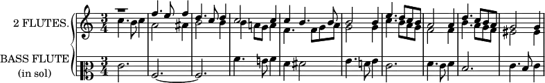 
\new GrandStaff <<
  \new Staff = "flutes" \with {
    instrumentName = "2 FLUTES."
    midiInstrument = "Flute"
  } <<
    \new Voice = "first" \relative c'' {
      \voiceOne
      \key c \major
      \time 3/4
      r1*3/4
      f4. e8 f4
      d4. c8 d4
      c2 c4
      c b4. b8
      b2 b4
      \autoBeamOff
      e4. d8[ c b]
      a2 a4
      d4. c8[ b a]
      g2 g4
    }
    \new Voice = "second" \relative c'' {
      \voiceTwo
      \key c \major
      \time 3/4
      c4. b8 c4
      a2 ais4
      b2 b4
      b a!8 g a4
      \autoBeamOff
      f4. f8[ g a]
      g2 g4
      c4. b8[ a g]
      f2 f4
      b4. a8[ g f]
      eis2 eis4
    }
  >>
  \new Staff = "bass flute" \with {
    instrumentName = \markup \center-column {
                       "BASS FLUTE"
                       "(in sol)"
                     }
    midiInstrument = "Flute"
  } \relative c' {
    \transposition g
    \clef mezzosoprano
    \key c \major
    \time 3/4
    e2.
    a,~
    a
    a'4. g!8 a4
    f4 fis2
    g4. f!8 g4
    e2.
    f4. e8 f4
    d2.
    e4. d8 e4
  }
>>
\layout {
  indent = 2\cm
}

