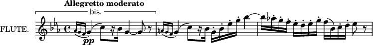 
\new Staff \with {
  instrumentName = "FLUTE."
  midiInstrument = "flute"
} \relative c'' {
  \key ees \major
  \tempo "Allegretto moderato"
  \tweak text "bis."
  \startMeasureSpanner
  \autoBeamOff
  \appoggiatura {aes16[ g f]} g4(\pp c8)[ r16 bes] g4~ g8 r
  \stopMeasureSpanner
  \appoggiatura {a16[ g f]} g4( c8)[ r16 bes16] g[\staccato bes\staccato ees\staccato g]\staccato bes4~
  \autoBeamOn
  bes16 aes!\staccato g\staccato f\staccato 
    ees\staccato d\staccato ees\staccato g\staccato
    f( bes,) c\staccato d\staccato ees8 r
}
\layout {
  indent = 2\cm
  \context {
    \Staff
    \consists Measure_spanner_engraver
  }
}
