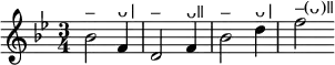 { \time 3/4 \key bes \major \relative b' { bes2^"–" f4^"ᴗ|" | d2^"–" f4^"ᴗǁ" | bes2^"–" d4^"ᴗ|" | f2^"–(ᴗ)ǁ" } }