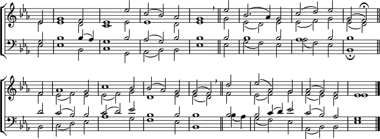 
\new ChoirStaff <<
  \new Staff { \clef treble \time 3/2 \key es \major \partial 2 \set Staff.midiInstrument = "church organ" \omit Staff.TimeSignature \set Score.tempoHideNote = ##t \override Score.BarNumber  #'transparent = ##t
  \relative c'
  << { es2 | g1 f2 | es1 es'2 | c( bes) aes | g1 \breathe \bar"||"
       es'2 | bes2.( aes4) g2 | c( d) es | g,( f) \fermata \bar"||" \break
       f | aes1 g2 | c1 bes2 | 2( aes) g | g( f) \breathe \bar"||"
       d' | es( aes,) g | aes( g) f | es1 \bar"|." } \\
  { es2 | es1 d2 | c1 es2 | 1 d2 | es1 g2 | es( d) es | es( f) g | es( d)
    f | es( f) es | es( f) g | d1 es2 | 2( d) f | es( f) g | f( es) d | es1 } >>
  } 
\new Staff { \clef bass \key es \major \set Staff.midiInstrument = "church organ" \omit Staff.TimeSignature
  \relative c'
  << { g2 | bes1 bes4( aes) | g1 bes2 | aes( g) bes | bes1 2 | 1 2 | aes1 bes2 | 1
       d2 | c( bes) bes | c( d) es | bes1 2 | 1 2 | 2 c4( d) es2 | c( bes) aes | g1 } \\
  { es2 | 1 bes2 | c1 g2 | aes( bes) bes | es1 2 | g( f) es | aes( f) es | bes1 \fermata
    2 | c( d) es | aes1 g2 | f1 es2 | bes1 bes'4( aes) | g2( f) es | aes,( bes) bes | es1 } >>
  } 
>>
\layout { indent = #0 }
\midi { \tempo 2 = 80 }
