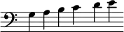 { \new Staff \with { \omit Score.TimeSignature \omit Score.BarLine} \relative {\clef bass g a b c d e} }