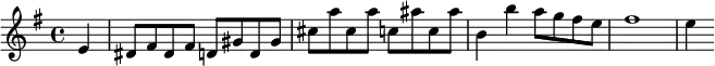 \relative e' { \key e \minor \time 4/4 \partial 4 e4 | dis8 fis dis fis d gis d gis cis a' cis, a' c, ais' c, ais' | b,4 b' a8 g fis e | fis1 | e4 }