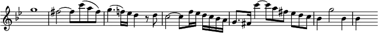{ \override Score.TimeSignature #'stencil = ##f \time 4/4 \key bes \major \relative g'' { \override TupletNumber #'stencil = ##f g1 | fis2 ~ fis8 c'( a fis) | g4.( f!16) ees d4 r8 d | c2 ~ c8 f16 ees d c bes a | g8. fis16 c''4 ~ \times 2/3 { c8 a fis } \times 2/3 { ees d c } | bes4 g'2 bes,4 | bes s } }