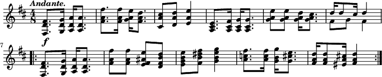 { \time 4/8 \key d \major \tempo \markup { \italic Andante. } \relative f' { <fis d fis,>8.\f <g d g,>16 <a d, a> q8. | <fis a fis'> q16 <g a e'> <fis a d>8. | <cis a' cis>8 <d a' d> <e a e'>4 | <e cis a>8. <fis cis a>16 <g cis, a> q8. | <g a e'>8 q <g a d>16 <g a cis>8. << { d'16[ d8 cis16] d4 } \\ { fis,8 g fis4 } >> \repeat volta 2 { <fis d fis,>8. <g d g,>16 <a d, a> q8. | <fis a fis'>8 q <e fis ais e'> <d fis b d> | <e g b e> <fis b dis fis> <g b e g>4 | <a c fis>8. q16 <g b g'>16 <g cis e>8. | <fis a d>16[ q8 <eis a cis!>16] <fis a d>4 } } }
