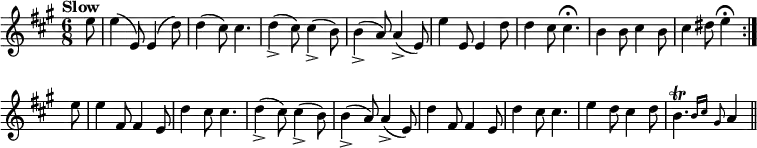 { \override Score.BarNumber #'break-visibility = #'#(#f #f #f) \key a \major \tempo "Slow" \time 6/8 \partial 8 \relative e'' {
\repeat volta 2 {
e8 e4( e,8) e4( d'8) | d4( cis8) cis4. |
d4(_> cis8) cis4(_> b8) | b4(_> a8) a4(_> e8) | %eol 1
e'4 e,8 e4 d'8 | d4 cis8 cis4.\fermata |
b4 b8 cis4 b8 | cis4 dis8 e4\fermata }
e8 | e4 fis,8 fis4 e8 | %eol 2
d'4 cis8 cis4. | d4(_> cis8) cis4(_> b8) |
b4(_> a8) a4(_> e8) | d'4 fis,8 fis4 e8 | %eol 3
d'4 cis8 cis4. | e4 d8 cis4 d8 |
\afterGrace b4.\trill { b16 cis } \grace gis8 a4 \bar "||" } }