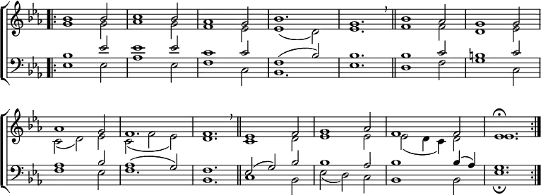 
\new ChoirStaff <<
  \new Staff { \clef treble \time 3/2 \key es \major \set Staff.midiInstrument = "church organ" \omit Staff.TimeSignature \set Score.tempoHideNote = ##t \override Score.BarNumber  #'transparent = ##t
  \relative c''
  << { \bar".|:" bes1 bes2 | c1 bes2 | aes1 g2 | bes1. | g \breathe \bar"||" bes1 aes2 | g1 g2 | \break
       aes1 g2 | f1. | f \breathe \bar"||" es1 f2 | g1 aes2 | f1 f2 | es1. \fermata \bar":|." } \\
  { g1 g2 | aes1 g2 | f1 es2| es1( d2) | es1. | f1 f2 | d1 es2 |
    c( d) es | c( f es) | d1. | c1 d2 | es1 es2 | es( d4 c) d2 | es1. } >>
  } 
\new Staff { \clef bass \key es \major \set Staff.midiInstrument = "church organ" \omit Staff.TimeSignature \override Staff.NoteHead.style = #'altdefault
  \relative c'
  << { bes1 es2 | es1 es2 | c1 c2 | f,1( bes2) | bes1. | bes1 c2 | b1 c2 |
       aes1 bes2 | aes1( g2) | f1. | es2( g) bes | bes1 aes2 | bes1 bes4( aes) | g1. } \\
  { es1 es2 | aes1 es2 | f1 c2 | bes1. | es | d1 f2 | g1 c,2 |
    f1 es2 | f1. | bes, | c1 bes2 | es( d) c | bes1 bes2 | es1. \fermata } >>
  } 
>>
\layout { indent = #0 }
\midi { \tempo 2 = 58 }
