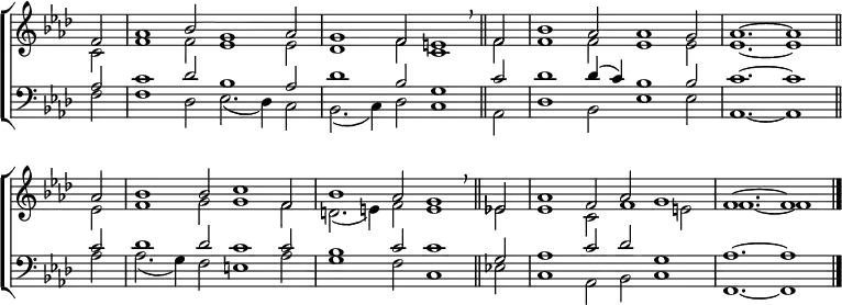 
\new ChoirStaff <<
  \new Staff { \clef treble \time 6/2 \key f \minor \partial 2 \set Staff.midiInstrument = "church organ" \omit Staff.TimeSignature \set Score.tempoHideNote = ##t \override Score.BarNumber  #'transparent = ##t 
  \relative c'
  << { f2 | aes1 bes2 g1 aes2 | g1 f2 e1 \breathe \bar"||" f2 | bes1 aes2 aes1 g2 | aes1. ~ aes1 \bar"||" \break
       aes2 | bes1 bes2 c1 f,2 | bes1 aes2 g1 \breathe \bar"||" es2 | aes1 f2 aes g1 | f1. ~ f1 \bar"|." } \\
  { c2 | f1 f2 es1 es2 | des1 f2 c1 f2 | f1 f2 es1 es2 | es1. ~ es1
    es2 | f1 g2 g1 f2 | d2.( e4) f2 e1 es2 | es1 c2 f1 e2 | f1. ~ f1 } >>
  } 
\new Staff { \clef bass \key f \minor \set Staff.midiInstrument = "church organ" \omit Staff.TimeSignature \override Staff.NoteHead.style = #'altdefault
  \relative c'
  << { aes2 | c1 des2 bes1 aes2 | des1 bes2 g1 c2 | des1 des4( c) bes1 bes2 | c1. ~ c1 
       c2 | des1 des2 c1 c2 | bes1 c2 c1 g2 | aes1 c2 des g,1 | aes1. ~ aes1 } \\
  { f2 | f1 des2 es2.( des4) c2 | bes2.( c4) des2 c1 aes2 | des1 bes2 es1 es2 | aes,1. ~ aes1
    aes'2 | aes2.( g4) f2 e1 aes2 | g1 f2 c1 es!2 | c1 aes2 bes c1 | f,1. ~ f1 } \\ >>
  } 
>>
\layout { indent = #0 }
\midi { \tempo 2 = 80 }
