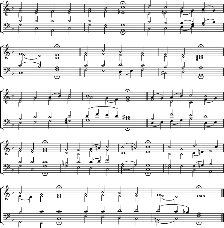 
\new ChoirStaff <<
  \new Staff { \clef treble \time 4/2 \key f \major \set Staff.midiInstrument = "church organ" \omit Staff.TimeSignature \set Score.tempoHideNote = ##t \override Score.BarNumber  #'transparent = ##t
  \relative c''
  << { a2 g f g | a bes c1 \fermata d2 c bes a4( g) \break
       g1 f \fermata \bar"||" a2 c bes a | g f e1 \fermata \break
       f2 g a4( bes) c2 | bes1 a \fermata \bar"||" a4( g) a( bes) c2 bes \break
       a g a1 \fermata | g2 g a4( b) c2 | c( b) c1 \fermata | c2 a d2. c4 \break
       bes2 a g1 \fermata | a2 c bes a | g1 f \fermata \bar"|." } \\
  { f2 e f e | f f es1 | d2 e! f4( g) f2
    f( e) c1 | f2 g f f | e d cis1
    d2 g f a | a g4( f) e1 | f2 d c f4( g) 
    f2 e f1 | d2 c f g | d1 e | c2 c d4( e!) f2
    f4( e) f2 e1 | f2 g f f | f( e) f1 } >>
  } 
\new Staff { \clef bass \key f \major \set Staff.midiInstrument = "church organ" \omit Staff.TimeSignature
  \relative c'
  << { c2 c c c | c f, f1 | bes2 a a4( g) a( bes) 
       c2( bes) a1 | c2 c d c | bes a a1
       a2 c c d | d4( f e d) cis1 | a2 f' e d 
       c c c1 | b2 c c4( d) e2 | a,( g) g1 | g2 f f4( g!) a2
       bes c c1 | c2 c d d | d( c4 bes!) a1 } \\
  { f2 c a c | f d a1 \fermata | bes2 c d4( e) f2
    c1 f \fermata | f2 e d4( e) f2 | cis d a1 \fermata 
    d2 e f fis | g1 a \fermata | d,4( e) f( g) a2 d,4( e)
    f2 c f1 \fermata | f2 e d c | f( g) c,1 \fermata | es2 f bes, a
    g f c'1 \fermata | f2 e d c | b( c) f1 \fermata } >>
  } 
>>
\layout { indent = #0 }
\midi { \tempo 2 = 48 }
