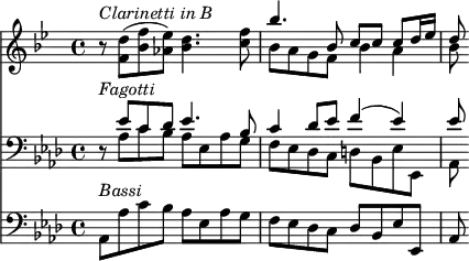 { \time 4/4 << { \clef treble \key bes \major \relative c''
{ r8^\markup { \italic "Clarinetti in B" } <d f,>( <f bes,> <ees aes,>) <d bes>4. <f c>8 | { << { bes4. bes,8 c c c d16 ees | d8 } \\ { bes8 a g f bes4 a | bes8 } >> } } }
\new Staff
{ \clef bass \key aes \major
{ r8^\markup { \italic Fagotti } << \relative c' { ees8 c des ees4. bes8 | c4 des8 ees f4( ees) | ees8 } \\ \relative c' { aes8 c bes aes ees aes g | f ees des c d bes ees ees, | aes } >> } }
\new Staff
{ \clef bass \key aes \major \relative c
{ aes8^\markup { \italic Bassi } aes' c bes aes ees aes g | f ees des c des bes ees ees, | aes } }
>> }