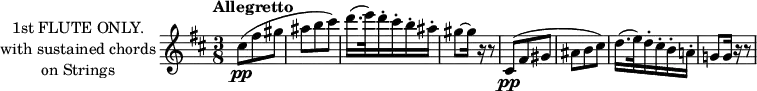 
\new Staff \with {
  instrumentName = \markup \center-column {
                                            "1st FLUTE ONLY."
                                            "with sustained chords"
                                            "on Strings"
                                          }
  midiInstrument = "flute"
} \relative c'' {
  \key d \major
  \time 3/8
  \tempo "Allegretto"
  cis8(\pp fis gis
  ais b cis)
  d16.( e32) d16\staccato cis\staccato b\staccato ais\staccato
  gis8~ gis16 r r8
  cis,,8(\pp fis gis
  ais b cis)
  d16.( e32) d16\staccato cis\staccato b\staccato a!\staccato
  g!8 g16 r r8
}
\layout {
  indent = 4\cm
}
