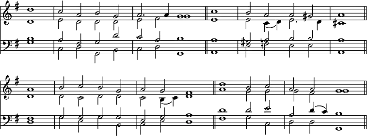 << <<
\new Staff { \clef treble \time 4/2 \partial 1 \key g \major \set Staff.midiInstrument = "church organ" \omit Staff.TimeSignature \set Score.tempoHideNote = ##t \override Score.BarNumber #'transparent = ##t
\relative c''
<< { d1 | c2 a b g | a2. a4 g1 \bar"||" \partial 1 c | b2 a a gis | a1 \bar"||" \break
a | b2 c b g | a g fis1 \bar"||" d' | b2 c a a | g1 \bar"||" } \\
{ d1 | e2 d d d | e fis g1 | e | e2 c4( d) e2. d4 | cis1 |
d | d2 c d d | c b4( c) d1 \bar"||" a' | g2 g g fis | g1 } >>
}
\new Staff { \clef bass \key g \major \set Staff.midiInstrument = "church organ" \omit Staff.TimeSignature
\relative c'
<< { b1 | a2 fis g d' | c a b1 | a | gis2 a b b | a1 |
fis | g2 g g g | e g a1 | d | d2 e a, d4( c) | b1 } \\
{ g1 | c,2 d g, b | c d g,1 | a | e'2 f e e | a,1 |
d | g2 e g b, | c e d1 | fis | g2 c, d d | g,1 } >>
}
>> >>
\layout { indent = #0 }
\midi { \tempo 2 = 69 }