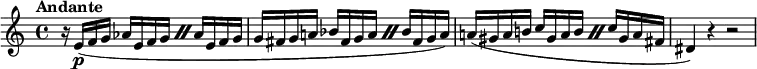 
\new staff \with {midiInstrument = "flute"} \relative c'' {
  \tempo "Andante"
  r16 e,(\p f g \repeat percent 2 { 
      aes e f g
    }
    aes e f g
  g fis g a! \repeat percent 2 {
      bes fis g a
    }
    bes fis g a)
  a!( gis a b! \repeat percent 2 {
      c gis a b
    }
    c gis a fis
  dis4) r r2
}
