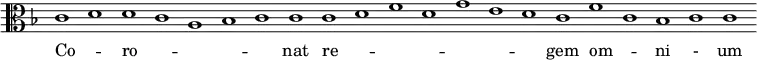 { \override Score.TimeSignature #'stencil = ##f \clef alto \key f \major \relative c' { \cadenzaOn c1 d d c a bes c c c d f d g e d c f c bes c c } \addlyrics { Co -- _ ro -- _ _ _ _ nat re -- _ _ _ _ _ _ gem om -- _ ni - um } }