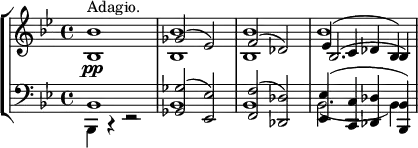 
\new StaffGroup <<
\new Staff = "right" {
        \key bes \major
        \time 4/4
        <bes bes'>1^\markup{Adagio.} \pp
        <<
                \new Voice { \voiceTwo <bes bes'>1}
                \new Voice { \voiceOne (ges'2 es'2)}
        >>
        <<
                \new Voice { \voiceTwo <bes bes'>1}
                \new Voice { \voiceOne (f'2 des'2)}
        >>
        <<
                \new Voice { \voiceTwo bes'1}
                \new Voice { \voiceOne (es'4 c'4 des'4 bes4)}
                \new Voice { \voiceThree (bes2. bes4)}
        >>
}
\new Staff ="left" {
        \clef bass
        \key bes \major
        \time 4/4
        <<
                \new Voice { \voiceOne bes,1}
                \new Voice { \voiceTwo bes,,4 r4 r2}
        >>
        <<
                \new Voice { \voiceTwo bes,1}
                \new Voice { \voiceOne (<ges ges,>2) (<es es,>2)}
        >>
        <<
                \new Voice { \voiceTwo bes,1}
                \new Voice { \voiceOne (<f f,>2) (<des des,>2)}
        >>
        <<
                \new Voice { \voiceOne (<es es,>4 <c c,>4 <des des,>4 <bes, bes,,>4)}
                \new Voice { \voiceTwo (bes,2. bes,4)}
        >>
}
>>

