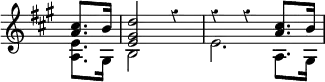{ \override Score.TimeSignature #'stencil = ##f \override Score.Rest #'style = #'classical \time 3/4 \key a \major \partial 4 \relative c'' { << { <cis a>8. b16 | <d gis, e>2 r4 | r r <cis a>8. b16 } \\ { <e, a,>8. gis,16 | b2 s4 | e2.\> } \\ { \stemDown s4 s2. s2 a,8. gis16 } >> } }