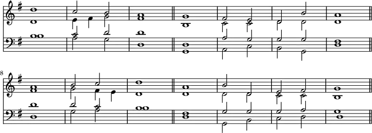 { \override Score.TimeSignature #'stencil = ##f \time 4/4 \key g \major << \relative d'' << { d1 c2 b a1 \bar "||" g fis2 e d b' a1 \bar "||" \break a b2 c d1 \bar "||" a b2 d, e fis g1 \bar "||" } \\ { d1 e4 fis g2 fis1 b, c2 c d d d1 fis g2 fis4 e d1 d d2 d c c b1 } >>
\new Staff { \clef bass \key g \major \relative b << { b1 c2 d d1 d, a'2 g g g fis1 d' d2 c b1 fis g2 g g a d,1 } \\ { b'1 a2 g d1 g, a2 c b g d'1 d g2 a b1 d, g,2 b c d g1 } >> } >> }