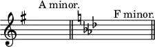 \header {
tagline = " " % remove watermark at bottom
}
amin = #`((0 . ,NATURAL) (1 . ,NATURAL) (2 . ,FLAT)
(3 . ,NATURAL) (4 . ,NATURAL) (5 . ,FLAT) (6 . ,NATURAL))
fmin = #`((0 . ,NATURAL) (1 . ,NATURAL) (2 . ,FLAT)
(3 . ,NATURAL) (4 . ,NATURAL) (5 . ,FLAT) (6 . ,NATURAL))
{ \omit Score.TimeSignature \time 8/4
\key a \amin s\breve^"A minor." \bar "||"
\key f \fmin s\breve^"F minor." \bar "||" }