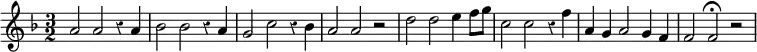 \relative a' { \key f \major \time 3/2 \override Score.Rest #'style = #'classical
a2 a r4 a | bes2 bes r4 a | g2 c r4 bes | a2 a r | d2 d e4 f8 g |
c,2 c r4 f | a, g a2 g4 f | f2 f\fermata r }