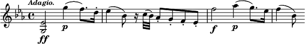 { \time 4/4 \key ees \major \tempo \markup { \smaller \italic Adagio. } \relative e' { <ees g,>2\ff g'4\p( f8.) d16-. ees4( bes8) r16 c32( bes) aes8-. g-. f-. ees-.) f'2\f aes4(\p g8.) ees16 f4( bes,8) } }