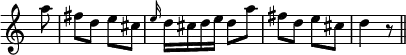 { \override Score.BarNumber #'break-visibility = #'#(#f #f #f) \override Score.Rest #'style = #'classical \override Score.TimeSignature #'stencil = ##f \time 2/4 \partial 8 \relative a'' { a8 | fis d e cis | \grace e16 d cis d e d8 a' | fis d e cis | d4 r8 \bar "||" } }