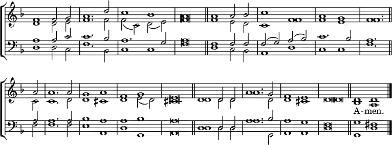 
\new ChoirStaff <<
  \new Staff { \clef treble \time 4/2 \key d \minor \set Staff.midiInstrument = "church organ" \omit Staff.TimeSignature \set Score.tempoHideNote = ##t \override Score.BarNumber  #'transparent = ##t \override Staff.NoteHead.style = #'altdefault 
  \relative c'
  << { f1 f2 g | a1. d2 | c1 bes | a\breve \bar"||"
     a1 a2 bes | c1 f, | a g | f1. \bar"||" \break
     a2 | a1. a2 | g1 a | f g | e\breve \bar"||"
     d1 d2 d | a'1. g2 | f1 e d\breve \bar"||"
     d1 d \bar"|."} \\
  { d1 d2 e | f1. f2 | f( c) d( e) | f\breve |
  f1 e2 d | c1 f | f e | f1.
  c2 | c1. d2 | d1 cis | d1 e2( d) | cis\breve
  d1 d2 d | a'1. d,2 | d1 cis | d\breve
  bes1 a
} >>
  } 
\addlyrics {_ _ _ _ _ _ _ _ _ _ _ _ _ _ _ _ _
            _ _ _ _ _ _ _ _ _ _ _ _ _ _ _ _ _ _ A -- men.}
\new Staff { \clef bass \key d \minor \set Staff.midiInstrument = "church organ" \omit Staff.TimeSignature
  \relative c'
  << { a1 a2 c | c1. bes2 | a1. g2 | a\breve |
     f1 f2 f | f( g) a( bes) | c1. bes2 | a1. 
     a2 | a1. a2 | bes1 a | a bes | a\breve
     d,1 d2 d | a'1. bes2 | a1 g | f\breve
     g1 fis } \\
  { d1 d2 c | f1. bes,2 | c1 c | f\breve
  d1 c2 bes | a1 d | c c | f1.
  f2 | f1. f2 | e1 a, | d g, | a\breve
  d1 d2 d | a'1. g,2 | a1 a | d\breve
  g,1 d' } >>
  } 
>>
\layout { indent = #0 }
\midi { \tempo 2 = 76 }
