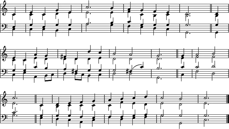 
<< <<
\new Staff { \clef treble \time 4/4 \partial 4 \key c \major \set Staff.midiInstrument = "church organ" \omit Staff.TimeSignature \set Score.tempoHideNote = ##t \override Score.BarNumber  #'transparent = ##t
  \relative c' 
  << { c4 | e c g' e | c'2. b4 | a g f e | d2. \bar"||"
  d4 | \break e c a' g | fis d d' c | b2 a | g2. \bar"||"
  g4 | a2 b | \break c2. \bar"||" c,4 | d e f g | a b c d | c2 b | c2. \bar"|." } \\
  { c,4 | c c d e | e2. e4 | f c b c | b2.
  b4 | c c e d | d d d e | d2 d | d2.
  e4 | f2 f | e2. c4 | b c c c | c f e d | e2 d | e2. } >>
}
\new Staff { \clef bass \key c \major \set Staff.midiInstrument = "church organ" \omit Staff.TimeSignature
  \relative c
  << { e4 | g e g g | a2. b4 | c g g g | g2.
  g4 | g g c b | a fis g g | g2 fis4( c') | b2.
  c4 | c2 d | c2. g4 | g g f e | f f g a | g2 g | g2. } \\
  { c,4 | c c b c | a'2. g4 | f e d c | g2.
  g4 | c e a, b8 c | d4 d8 c b4 c | d2 d | g,2.
  c4 | f2 d | a'2. e4 | d c a c | f d e f | g2 g, | c2. } >>
}
>> >>
\layout { indent = #0 }
\midi { \tempo 4 = 96 }
