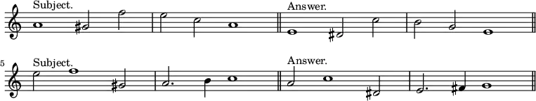 { \relative a' { \override Score.TimeSignature #'stencil = ##f \time 4/2
a1^"Subject." gis2 f' \bar "|" e c a1 \bar "||"
e1^"Answer." dis2 c' \bar "|" b g e1 \bar "||" \break
e'2^"Subject." f1 gis,!2 \bar "|" a2. b4 c1 \bar "||"
a2^"Answer." c1 dis,!2 \bar "|" e2. fis4 g1 \bar "||" } }