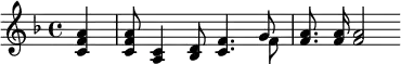 
    \relative c' { 
    \key f \major
    \autoBeamOff
    \partial 4 <c f a> 
    <c f a>8 <a c>4 <bes d>8 <c f>4. << { g'8 } \\ { f } >> 
    <f a>8. <f a>16 <f a>2
	}
