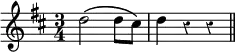 { \time 3/4 \key d \major \override Score.Rest #'style = #'classical \relative d'' { d2\( d8 cis\) | d4 r r \bar "||" } }