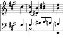 { \override Score.TimeSignature #'stencil = ##f \time 3/4 \key a \major \partial 4 << \relative c'' { cis4 ~ | <cis e,>( <b dis,>) <dis b>^\lheel | <e b>\tenuto }
\new Staff { \clef bass \key a \major << \relative f { fis4 | fis4. ais8 b a | g4 } \\ { s4 b,2. | e,4 } >> } >> }