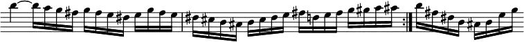 { \relative b'' { \override Score.BarNumber #'break-visibility = #'#(#f #f #f) \override Score.TimeSignature #'stencil = ##f \override Score.Clef #'stencil = ##f
\repeat volta 2 { b4 ~ b16 a g fis g fis e dis e g fis e |
dis cis b ais b cis dis e fis d e fis g gis a ais }
b fis dis b ais b e g } }