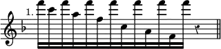 { \relative f''' { \key f \major \override Score.TimeSignature #'stencil = ##f \time 12/4 \mark \markup \small "1." \override Score.Rest #'style = #'classical
 f16[ c f a, f' f, f' c, f' a,, f'' f,, f''] r4 \bar "||" } }