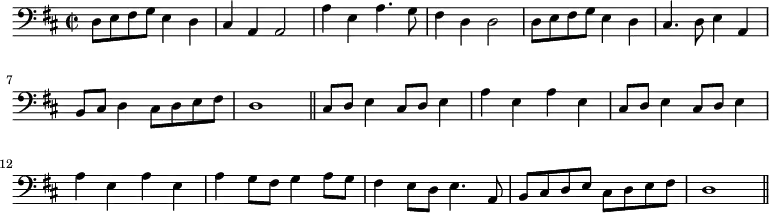 
\header {
  tagline = ""  %% removes "Music engraving by LilyPond 2.18.2—www.lilypond.org" footer, which unsurprisingly was not in the 1651 ed.
}

\new Staff { \time 2/2 \key d \major \clef bass 
  \relative c'' { 
     d,,8 e8 fis8 g8 e4 d4 cis4 a4 a2 | a'4 e4 a4. g8 fis4 d4 d2 | d8 e8 fis8 g8 e4 d4 cis4. d8 e4 a,4 | b8 cis8 d4 cis8 d8 e8 fis8 d1 \bar "||" cis8 d8 e4 cis8 d8 e4 a4 e4 a4 e4 cis8 d8 e4 cis8 d8 e4 a4 e4 a4 e4 a4 g8 fis8 g4 a8 g8 fis4 e8 d8 e4. | a,8 b8 cis8 d8 e8 cis8 d8 e8 fis8 d1  \bar "||"
  }
}
  \midi { \tempo 2 = 69  \set Staff.midiInstrument = "cello" }
  %%please feel free to change instrument to something else, see https://lilypond.org/doc/v2.21/Documentation/notation/midi-instruments
  \layout { }
