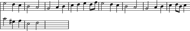 { << \new Staff \relative e'' { \override Score.BarNumber #'break-visibility = #'#(#f #f #f) \override Score.TimeSignature #'stencil = ##f \override Score.Clef #'stencil = ##f
e2 d4 c | b2 a | g a4 b | c d e d8 f | e2 d4 c %end line 1
b2 a | g a4 b | c d8 b c4 }
\new Staff \relative c' { \clef bass c2 gis4 a | e2 f | s1 | } >> }