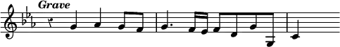 { \override Score.TimeSignature #'stencil = ##f \override Score.Rest #'style = #'classical \tempo \markup \italic "Grave" \key ees \major
\relative g' { r4 g aes g8 f | g4. f16 ees f8 d g g, | c4 s } }