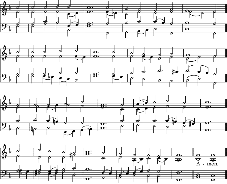 << \override Score.TimeSignature #'stencil = ##f \override Score.BarNumber #'break-visibility = #'#(#f #f #f) \new Staff { \key f \major \time 4/2 \partial 2 << \new Voice = "Sop" \relative c'' { \stemUp \repeat unfold 2 { c2 | c c d d | c1. c2 | bes a g a | g1 f2 \bar "||" \break }
  g2 | g g a c | g1. g2 | a4^( b) c2 d b | c1. \bar "||" \break
  c2 | d c bes a | bes1. a2 | g f f e | f1. \bar "||" \cadenzaOn f1 f \bar "||" }
\new Voice \relative f' { \stemDown f2 | f f f d4_( e) | f1. f4_( ees) | d2 f e f | f_( e) f 
  f | f f f f4_( e) f1. f2 | f f4_( e) d2 e | d_( e) f
  e | f e4_( g) g2 f | e1. c2 | c4_( d) e2 f e | e1.
  e2 | d d d fis | g1. c,2 | d a4_( bes) c2 c4_( bes) a1. \cadenzaOn bes1 a } >> }
\new Lyrics \lyricsto "Sop" { _ _ _ _ _ _ _ _ _ _ _ _ _ _ _ _ _ _ _ _ _ _ _ _ _ _ _ _ _ _ _ _ _ _ _ _ _ _ _ _ _ _ _ _ _ _ _ _ _ _ A -- men. }
\new Staff << \clef bass \key f \major \new Voice \relative a { \stemUp a2 a c bes f4^( g) | a1. a2 | bes c c4^( bes) a2 | bes1 a2
  a | a a bes bes | a1. a2 | bes c d2. cis4 | d2^( c4 bes) a2
  c | d c4^( b) a2 a | g1. c2 | c c c4^( b) a^( gis) | a1.
  a2 | a g4^( a) bes2 c | bes1. f4^( e) | d^( e) f^( g) a2 g | f1. \cadenzaOn d1 c }
\new Voice \relative f { \stemDown f2 | f a bes bes, | f'1. f,2 | g a4_( bes) c2 f, | c'1 f,2
  f' | f f4_( ees) d_( c) bes2 | f'1. f4_( e) | d2 c bes a | bes( c) f,
  c' | b c f,4_( g) a( bes) | c1. e2 | f e d e | a,1.
  a'4_( g) | fis2 e4_( fis) g2 d | g,1. a2 | bes d c c | f,1. \cadenzaOn bes1 f } >>
>>