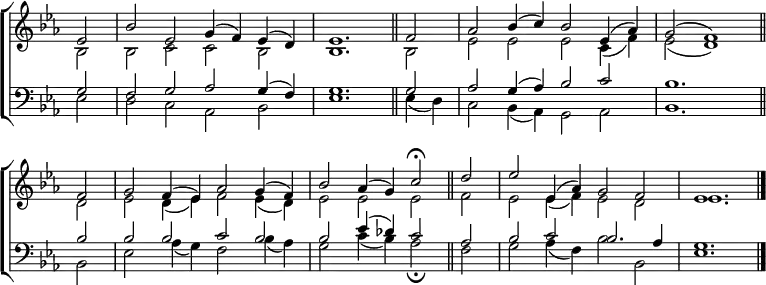 
\new ChoirStaff <<
  \new Staff { \clef treble \time 4/2 \key es \major \partial 2 \set Staff.midiInstrument = "church organ" \omit Staff.TimeSignature \set Score.tempoHideNote = ##t \override Score.BarNumber  #'transparent = ##t
  \relative c'
  << { es2 | bes' es, g4( f) es( d) | es1. \bar"||"
       f2 aes bes4( c) bes2 es,4( aes) | g2( f1) \bar"||" \break
       f2 | g f4( es) aes2 g4( f) | bes2 aes4( g) c2 \fermata \bar"||"
       d | es es,4( aes) g2 f | es1. \bar"|." } \\
  { bes2 | 2 c c bes | bes1. 2 | es es es c4( f) | es2( d1)
    d2 | es d4( es) f2 es4( d) | es2 2 2 f | es2 4( f) es2 d | es1. } >>
  } 
\new Staff { \clef bass \key es \major \set Staff.midiInstrument = "church organ" \omit Staff.TimeSignature
  \relative c'
  << { g2 | f g aes g4( f) | g1. 2 | aes g4( aes) bes2 c | bes1.
       bes2 | 2 2 c bes | bes es4( des) c2 aes | bes c bes2. aes4 | g1. } \\
  { es2 | d c aes bes | es1. 4( d) | c2 bes4( aes) g2 aes | bes1.
    bes2 | es aes4( g) f2 bes4( aes) | g2 c4( bes) aes2 \fermata
    f2 | g aes4( f) bes2 bes, | es1. } >>
  } 
>>
\layout { indent = #0 }
\midi { \tempo 2 = 60 }
