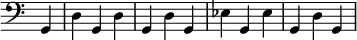 { \override Score.TimeSignature #'stencil = ##f \time 3/4 \clef bass \partial 4 g,4 d g, d g, d g, ees g, ees g, d g, }