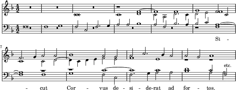 { << \new Staff { \time 4/2 \key f \major <<
\new Voice { \relative f' { \stemUp R\breve*3 r1 f ^~
f f g f2 c f2. g4 a2 a
bes1 a2 g | a c2. bes4 a2 | a g a1 } }
\new Voice { \relative c' { \stemDown R\breve*2 c\breve c1 d
c2 a d2. c4 | d2 e f1 c c2 d ~
d4 c d e f2 e f1 e r r } } >> }
\new Staff { \clef bass \key f \major <<
\new Voice { \stemUp f\breve f1 g f2 c f2. g4 a2 a bes1
a2 f bes2. a4 bes2 c' a1 ^~ a r
r c' ^~ c' c' d' c'2 f^"etc." }
\new Voice = "B" { \stemDown R\breve*5 r1 f ~ f f
g f2 c | f2. g4 a2 a bes1 a2 a } >> }
\new Lyrics \lyricsto "B" { Si -- cut Cor -- vus de -- si -- de -- rat ad for -- tos. } >> }