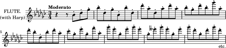 
\new Staff \with {
  instrumentName = \markup \center-column {
                                            "FLUTE."
                                            "(with Harp)"
                                          }
  midiInstrument = "flute"
} \relative c'' {
  \key ges \major
  \time 3/4
  \tempo "Moderato"
  r4 r8 bes\staccato des\staccato ges\staccato
  bes\staccato des,\staccato ges\staccato bes,\staccato bes'\staccato des,\staccato
  des'\staccato aes\staccato des,\staccato aes'\staccato des\staccato aes\staccato
  bes\staccato ges\staccato des'\staccato bes\staccato ges'\staccato aes,\staccato
  des\staccato bes\staccato des,\staccato bes'\staccato des\staccato aes\staccato
  ces\staccato ges\staccato ees'\staccato ges,\staccato f'\staccato aes,\staccato
  ges'\staccato ees\staccato ges,\staccato ees'\staccato ges\staccato ees\staccato
  ges,\staccato eeses'\staccato ges\staccato eeses\staccato ges,\staccato eeses'\staccato
  ges\staccato des\staccato ges,\staccato des'\staccato ges\staccato des\staccato_"etc."
}
\layout {
  indent = 2\cm
}
