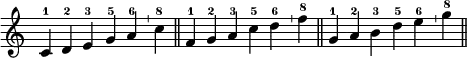 { \override Score.TimeSignature #'stencil = ##f \time 6/4 \relative c' { c4-1 d-2 e-3 g-5 a-6 \bar "'" c-8 \bar "||"
f,-1 g-2 a-3 c-5 d-6 \bar "'" f-8 \bar "||"
g,-1 a-2 b-3 d-5 e-6 \bar "'" g-8 \bar "||" } }