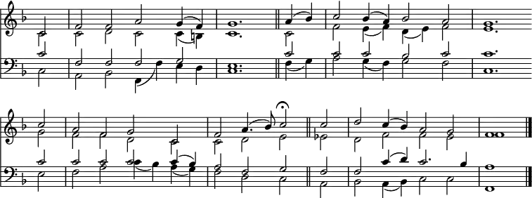 << <<
\new Staff { \clef treble \time 4/2 \partial 2 \key f \major \set Staff.midiInstrument = "church organ" \omit Staff.TimeSignature \set Score.tempoHideNote = ##t \override Score.BarNumber #'transparent = ##t
\relative c'
<< { c2 | f f a g4( f) | g1. \bar"||" a4( bes) | c2 bes4( a) bes2 a | g1. \bar"" \break
c2 | a f g c, | f a4.( bes8) c2 \fermata \bar"||" c | d c4( bes) a2 g | f1 \bar"|." } \\
{ c2 | c d c c4( b) | c1. c2 | f e4( f) d( e) f2| e1.
g2 | f f d c | c d e es | d f f e | f1 } >>
}
\new Staff { \clef bass \key f \major \set Staff.midiInstrument = "church organ" \omit Staff.TimeSignature
\relative c'
<< { c2 | f, f f g | e1. c'2 | c c bes c | c1.
c2 | c c c c4( bes) | a2 f g f | f c'4( d) c2. bes4 | a1 } \\
{ c,2 | a bes f4( f') e d |c1. f4( g) | a2 g4( f) g2 f | c1.
e2 | f a c4( bes) a( g) | f2 d c a | bes a4( bes) c2 c | f,1 } >>
}
>> >>
\layout { indent = #0 }
\midi { \tempo 2 = 72 }