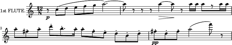 
\new Staff \with {
  instrumentName = "1st FLUTE."
  midiInstrument = "flute"
} \relative c'' {
  \time 12/8
  r8\p c( d e f g a2.)~
  \autoBeamOff
  a8 r r r a4~\> a8\! r a16[ a] a8[ r a16 a]
  \autoBeamOn
  a8\staccato fis\staccato a\staccato 
    d\staccato b8.\staccato a16\staccato
    a8\staccato fis\staccato e\staccato
    d\staccato b\staccato d\staccato
  fis\staccato\pp d\staccato fis\staccato a2( f'8) r \bar "|"
}
\layout {
  indent = 2\cm
}
