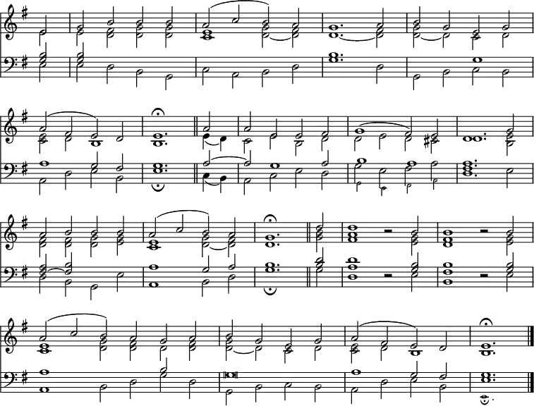 
<< <<
\new Staff \with {\consists "Merge_rests_engraver"} { \clef treble \time 4/2 \partial 2 \key g \major \set Staff.midiInstrument = "church organ" \omit Staff.TimeSignature \set Score.tempoHideNote = ##t \override Score.BarNumber  #'transparent = ##t
  \relative c'
  << { e2 | g b b b | a( c b) a | g1. a2 | b g e g | \break
  a( fis e) d | e1.\fermata \bar"||" a2 | a e e fis | g1( fis2) e | d1. g2 | \break
  a b b b | a( c b) a | g1.\fermata \bar"||" d'2 | d1 r2 b | b1 r2 b | \break
  \time 6/2 a( c b) a g a | \time 4/2 b g e g | a( fis e) d | e1.\fermata \bar"|." } \\
  { e2 | e <d fis> <d g> <d g> | <c e>1 <d ~ g>2 <d fis> | d1. ~ <d fis>2 | <d ~ g> d c d | 
  <c e> d b1 | b1. e4( d) | c2 e b d | d e d cis | d1. <b e>2 |
  <d fis> <d fis> <d g> <e g> | <c e>1 <d ~ g>2 <d fis> | d1. <g b>2 | <fis a>1 r2 <e g>2 | <d fis>1 r2 <e g> |
  <c e>1 <d g>2 <d fis> d <d fis> | <d ~ g> d c d | <c e> d b1 | b1. } >>
}
\new Staff \with {\consists "Merge_rests_engraver"} { \clef bass \key g \major \set Staff.midiInstrument = "church organ" \omit Staff.TimeSignature
  \relative c'
  << { <g b>2 | <g b> s1. | s1 s1 | b1. s2 | s1 g | 
  a g2 fis | g1.\bar"||" a2 ~ | a g1 a2 | b1 a | <fis a>1. s2 | 
  <fis ~ a> <fis b> s1 | a g2 a | b1. \bar"||" <b d>2 | <a d>1 r2 <g b> | <fis b>1 r2 <g b> | 
  \time 6/2 a1 s b2 s | \time 4/2 \override Staff.NoteHead.style = #'altdefault g\breve | a1 g2 fis | g1. } \\
  { e2 | e d b g | c a b d | g1. d2 | g, b c b | 
  a d e b | e1.\fermata c4( b) | a2 c e d |
    <<
      \new Voice = "alternative" {
        \stemDown {
           g e fis a
        }
      }
      {
        \stemDown \magnifyMusic 0.63 {
           g, e fis a
        }
       } >>
  | \stemDown d1. e2 | 
  d b g e' | a,1 b2 d | g1.\fermata g2 | d1 r2 e | b1 r2 e | 
  \time 6/2 a,1 b2 d g d | \time 4/2 g, b c b | a d e b | 
    <<
      \new Voice = "alternative" {
        \stemUp {
           e1.
        }
      }
      {
        \stemDown \magnifyMusic 0.63 {
           e,1.\fermata 
        }
       } >>
}
 >>}
>> >>
\layout { indent = #0 }
\midi { \tempo 2 = 80 }
