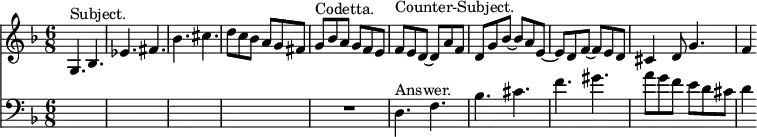 { << \new Staff \relative g { \key f \major \time 6/8
g4.^"Subject." bes | ees fis | bes cis | d8 c bes a g fis | %eol1
g^"Codetta." bes a g f e | f^"Counter-Subject." e d ~ d a' f |
d g bes ~ bes a e ~ | e d f ~ f e d | %eol2
cis4 d8 g4. | f4 }
\new Staff \relative d { \clef bass \key f \major
s2. s s s | R | d4.^"Answer." f bes cis | f gis | %eol2
a8 g f e d cis | d4 } >> }