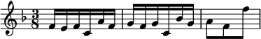 { \relative f' { \key f \major \time 3/8
f16 e f c a' f | g f g c, bes' g | a8 f f' } }