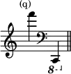 { \override Score.TimeSignature #'stencil = ##f \time 2/4 \tempo \markup { \smaller \medium "(q)" } f'''4 \clef bass \ottava #-1 c,, \bar "||" }