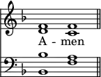 
<< <<
\new Staff { \clef treble \time 4/2 \key f \major \set Staff.midiInstrument = "church organ" \omit Staff.TimeSignature
  \relative c' { << { f1 f \bar"||" } \\ { d c } >> }
}
\new Lyrics \lyricmode { A -- men }
\new Staff { \clef bass \key f \major \set Staff.midiInstrument = "church organ" \omit Staff.TimeSignature
  \relative c' { << { bes1 a } \\ { bes,1 f' } >> }
}
>> >>
\layout { indent = #0 }
\midi { \tempo 2 = 48 }
